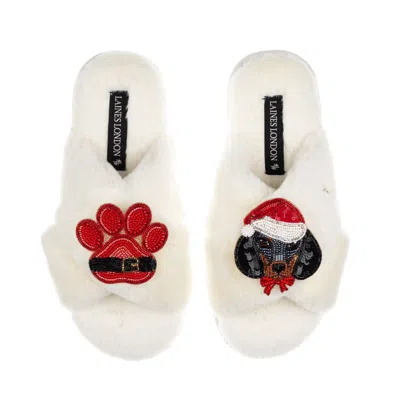 Laines London Women's White / Neutrals Classic Slippers With Christmas Dachshund & Paw Brooches - Cream