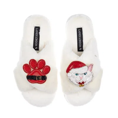 Laines London Women's White / Neutrals Classic Slippers With Christmas White Persian Cat & Paw Brooches - Cream