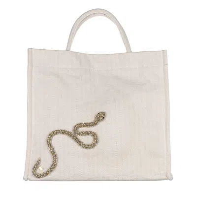 Laines London Women's White / Neutrals Laines Couture Hand Embellished Crystal Snake Large Tote Bag - Cream