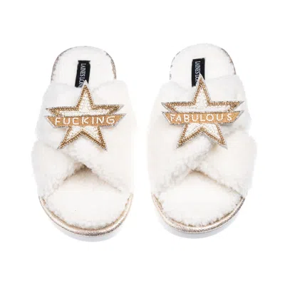 Laines London Women's White / Neutrals Laines Neutral Boucle Slippers With Fucking Fabulous Brooches - Cream