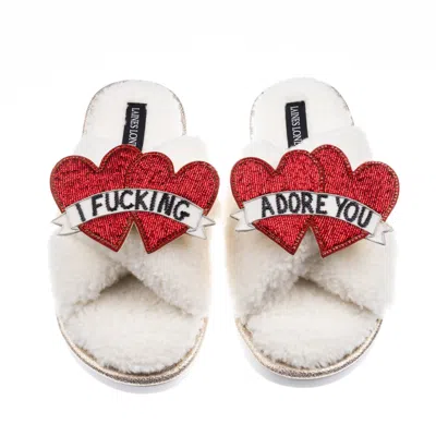 Laines London Women's White / Neutrals Laines Neutral Boucle Slippers With I Fucking Adore You Brooches - Cream