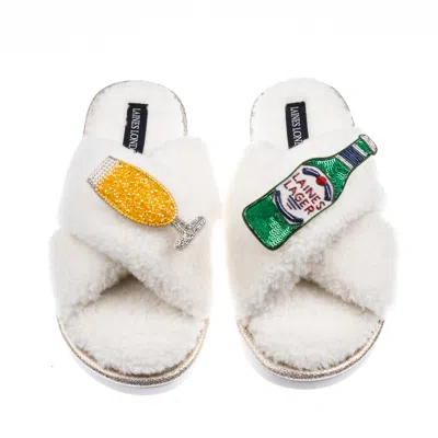 Laines London Women's White / Neutrals Laines Neutral Boucle Slippers With Laines Italian Lager Brooches - Cream