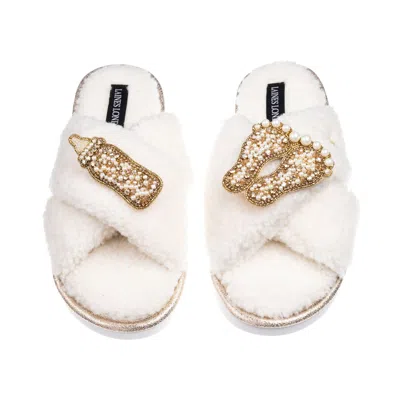Laines London Women's White / Neutrals Laines Neutral Boucle Slippers With New Baby Gold Brooches - Cream