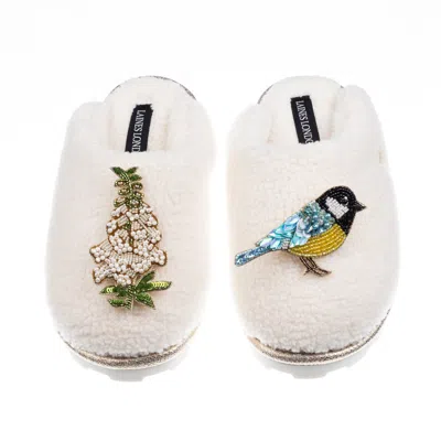 Laines London Women's White / Neutrals Teddy Closed Toe Slippers With Blue Tit & White Foxglove Brooches - Cream