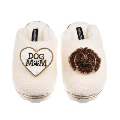 Laines London Women's White / Neutrals Teddy Closed Toe Slippers With Dog Mum / Mom & Chocolate Cockapoo Brooches 