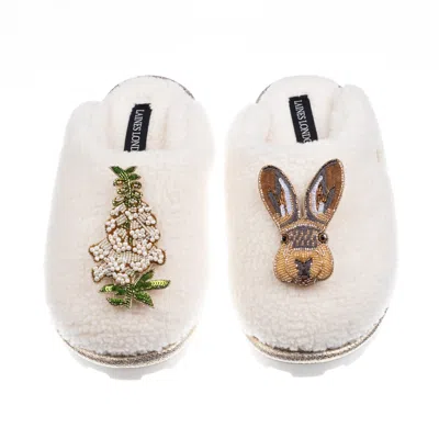 Laines London Women's White / Neutrals Teddy Closed Toe Slippers With Hare & White Foxglove Brooches - Cream