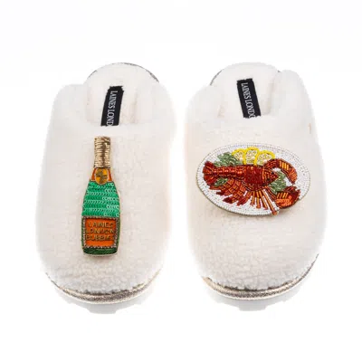 Laines London Women's White / Neutrals Teddy Closed Toe Slippers With Lobster Platter & Champagne Brooches - Cream