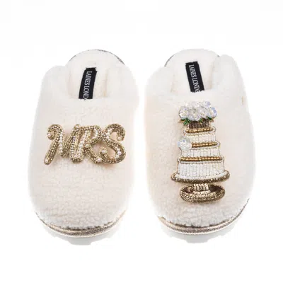 Laines London Women's White / Neutrals Teddy Closed Toe Slippers With Mrs & Wedding Cake Brooches - Cream