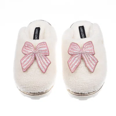 Laines London Women's White / Neutrals Teddy Closed Toe Slippers With Pink Stripe Bow Brooches - Cream
