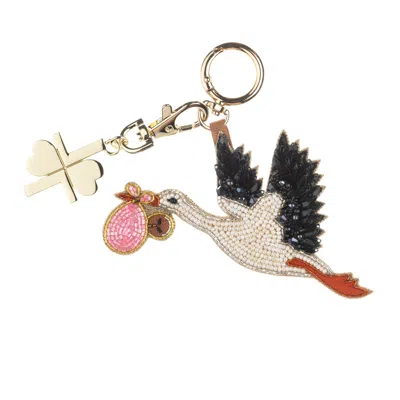 Laines London Women's White / Pink Baby Girl Stork Hand-beaded Bag Charm - Dark Skin In White/pink