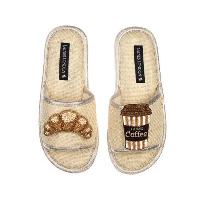 Laines London Women's White Straw Braided Sandals With Coffee & Croissant Brooches - Cream