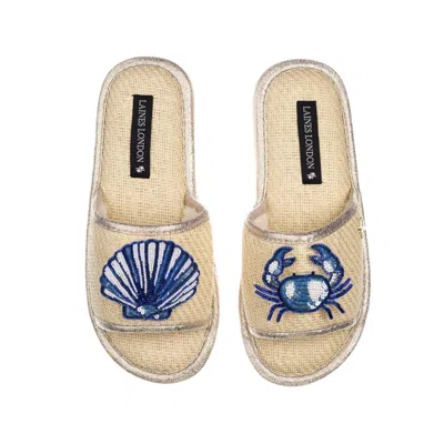 Laines London Women's White Straw Braided Sandals With Mediterranean Blue Shell & Crab Brooches - Cream