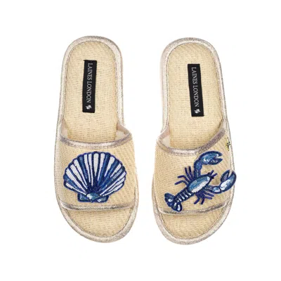 Laines London Women's White Straw Braided Sandals With Mediterranean Blue Shell & Lobster Brooches - Cream