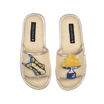 Laines London Women's White Straw Braided Sandals With Mediterranean Swimming Costume & Lemons Brooches - Cream