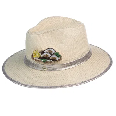 Laines London Women's White Straw Woven Hat Embellished With A Handmade Oyster Brooch - Cream In Neutral