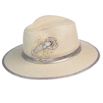 Laines London Women's White Straw Woven Hat With Pearl Beaded Lobster - Cream In Neutral