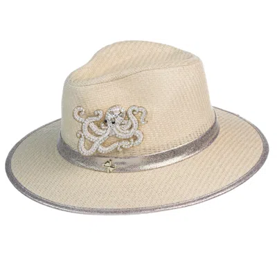 Laines London Women's White Straw Woven Hat With Pearl Beaded Octopus - Cream In Gray