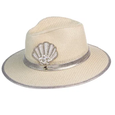 Laines London Women's White Straw Woven Hat With Pearl Beaded Shell - Cream In Neutral