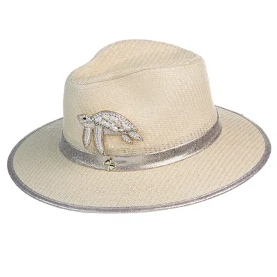 Laines London Women's White Straw Woven Hat With Pearl Beaded Turtle - Cream In Neutral