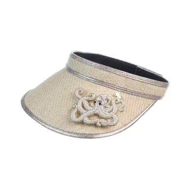 Laines London Women's White Straw Woven Visor With Beaded Octopus Brooch - Cream In Neutral