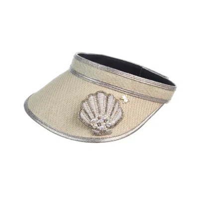 Laines London Women's White Straw Woven Visor With Beaded Shell Brooch - Cream In Gray