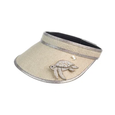 Laines London Women's White Straw Woven Visor With Beaded Turtle Brooch - Cream In Neutral