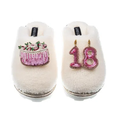Laines London Women's White Teddy Closed Toe Slippers With 18th Birthday & Cake Brooches - Cream