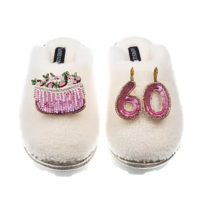 Laines London Women's White Teddy Closed Toe Slippers With 60th Birthday & Cake Brooches - Cream