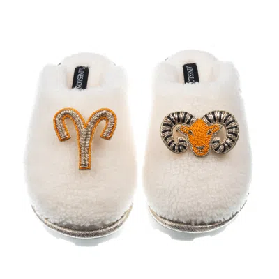 Laines London Women's White Teddy Closed Toe Slippers With Aries Zodiac Brooches - Cream