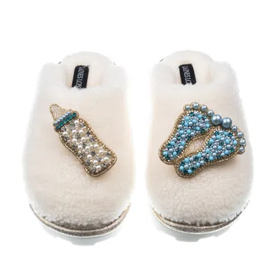 Laines London Women's White Teddy Closed Toe Slippers With Baby Boy Brooches - Cream