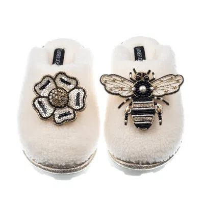 Laines London Women's White Teddy Closed Toe Slippers With Bee & Flower Brooches - Cream