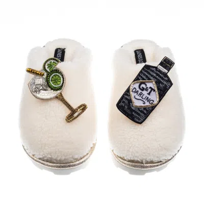 Laines London Women's White Teddy Closed Toe Slippers With Botanical Gin & Glass Brooches - Cream