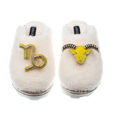 Laines London Women's White Teddy Closed Toe Slippers With Capricorn Zodiac Brooches - Cream