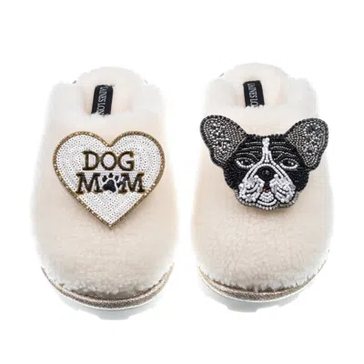 Laines London Women's White Teddy Closed Toe Slippers With Coco The Frenchie & Dog Mum / Mom Brooches - Cream