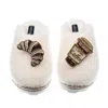 Laines London Women's White Teddy Closed Toe Slippers With Coffee & Croissant Brooches - Cream In White