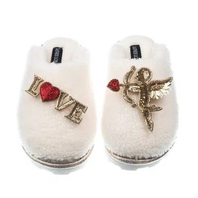 Laines London Women's White Teddy Closed Toe Slippers With Cupid & Love Brooches - Cream