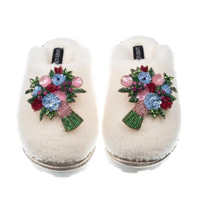 Laines London Women's White Teddy Closed Toe Slippers With Double Flower Bouquet Brooches - Cream