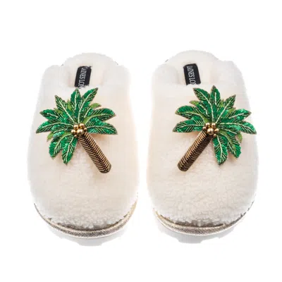 Laines London Women's White Teddy Closed Toe Slippers With Double Palm Tree Brooches - Cream