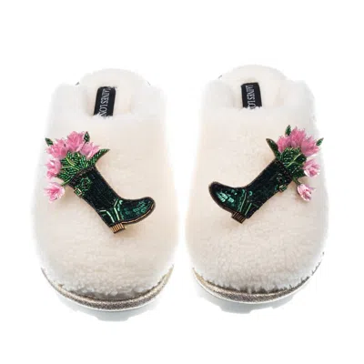 Laines London Women's White Teddy Closed Toe Slippers With Double Wellington Boots Brooches - Cream