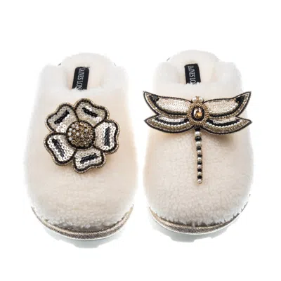 Laines London Women's White Teddy Closed Toe Slippers With Dragonfly & Flower Brooches - Cream