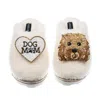 Laines London Women's White Teddy Closed Toe Slippers With Enki Doo & Dog Mum / Mom Brooches - Cream In White