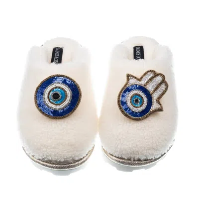 Laines London Women's White Teddy Closed Toe Slippers With Evil Eye & Hamsa Brooches - Cream