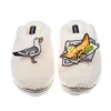 Laines London Women's White Teddy Closed Toe Slippers With Fish & Chips & Cheeky Seagull Brooches - Cream In White