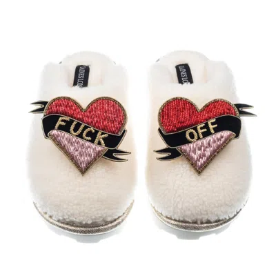 Laines London Women's White Teddy Closed Toe Slippers With Fuck Off Brooches - Cream
