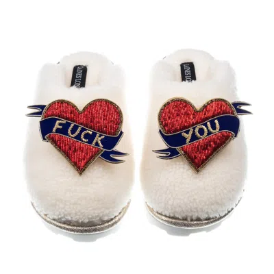 Laines London Women's White Teddy Closed Toe Slippers With Fuck You Brooches - Cream