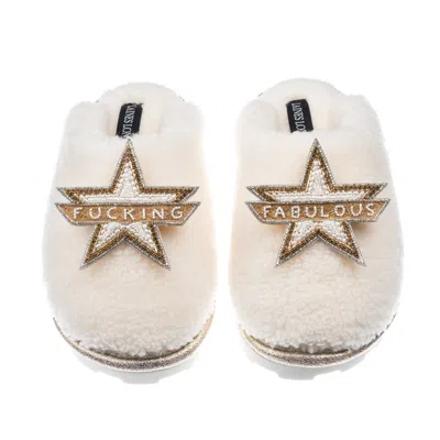Laines London Women's White Teddy Closed Toe Slippers With Fucking Fabulous Brooches - Cream