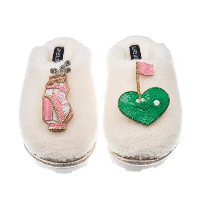 Laines London Women's White Teddy Closed Toe Slippers With Golf Lover Brooches - Cream
