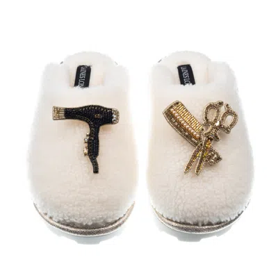 Laines London Women's White Teddy Closed Toe Slippers With Hairdresser Brooches - Cream