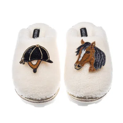 Laines London Women's White Teddy Closed Toe Slippers With Horse & Riding Hat Brooches - Cream