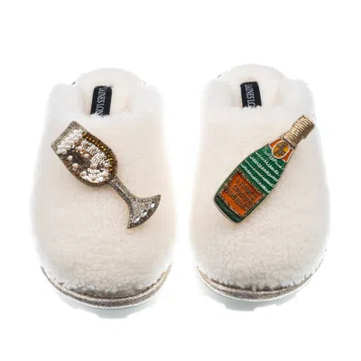 Laines London Women's White Teddy Closed Toe Slippers With Laines Champers Brooches - Cream